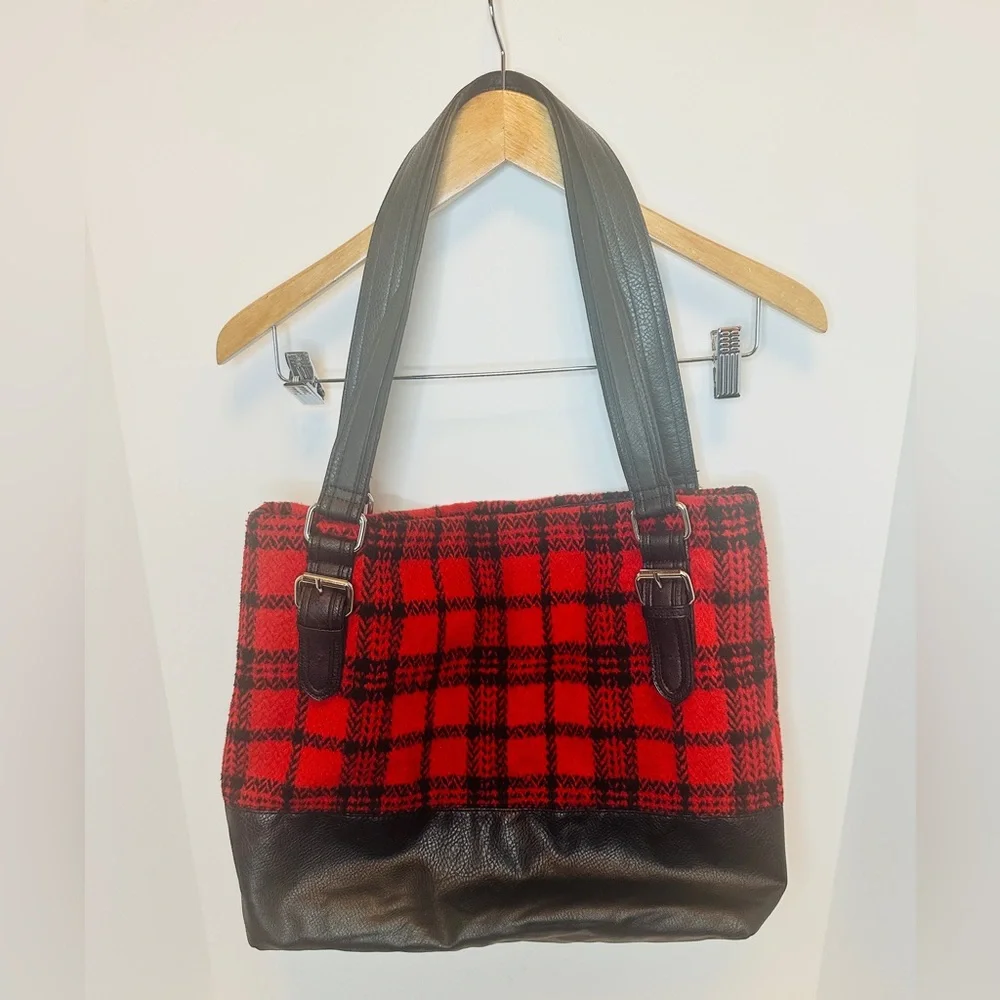 BUENO Large Red and Black Buffalo Plaid Flannel and Black Vegan Leather Tote Bag